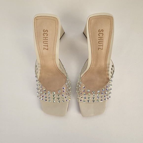 👍NWOT Schutz clear crystal white leather slide on block heal sandals sz 8.5 - Picture 3 of 9